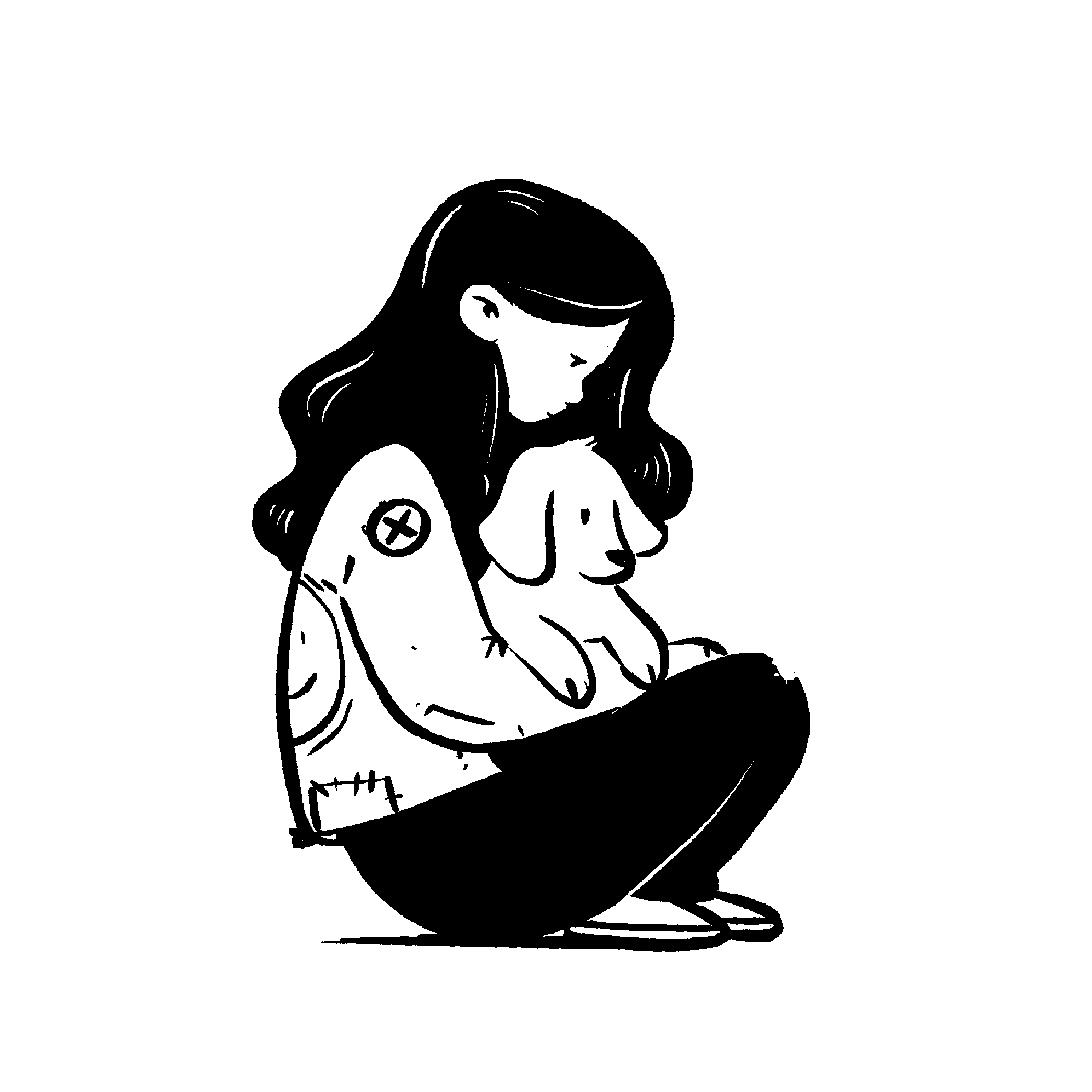 Drawing of a girl cuddling a puppy.